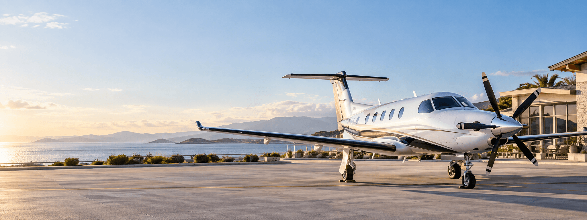 Civilian turboprop airplane at a coastal airport